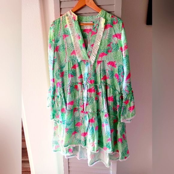 Kenny Flowers Dresses & Skirts - Kenny Flowers Flamingo/ Floral Dress - Green and Pink, Bell Sleeves. NWOT. SizeM